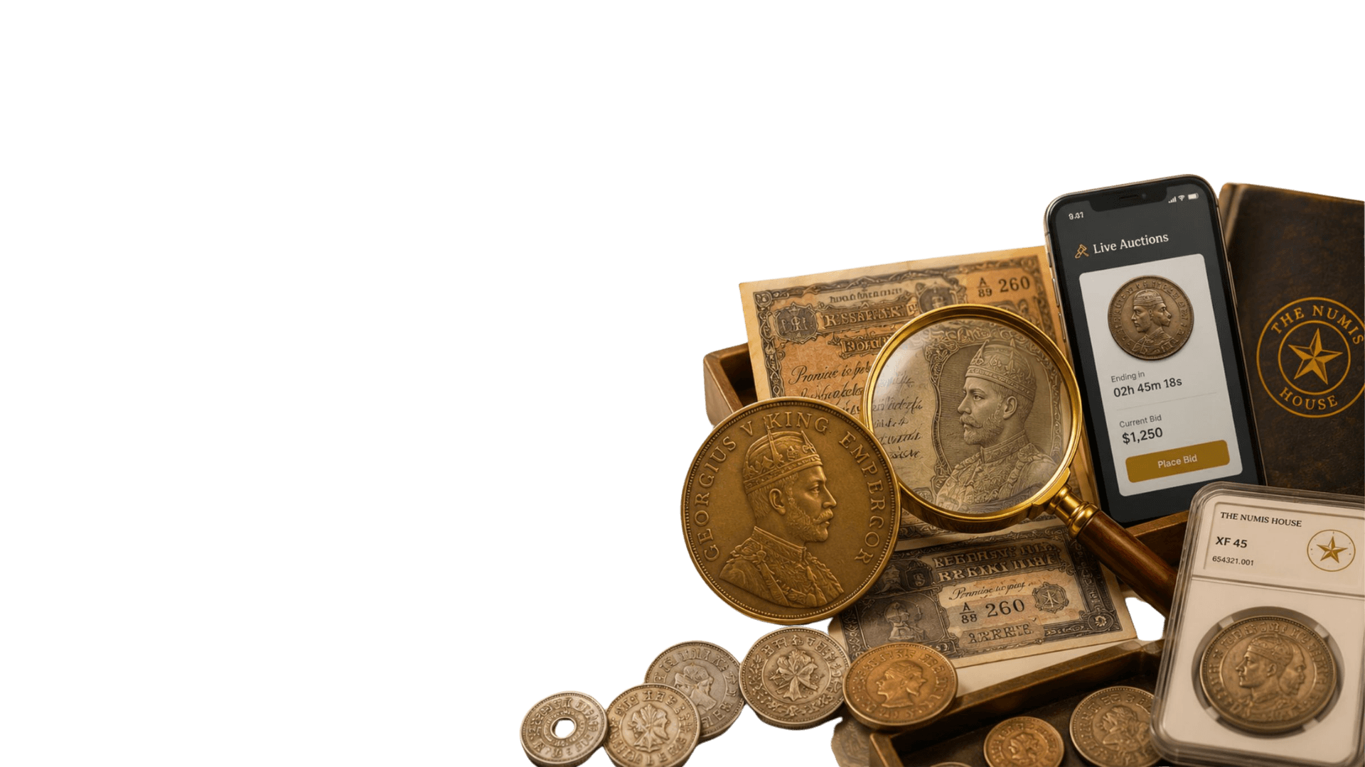 Rare coins, banknotes, a live auction on a phone, and a TNH-graded slab